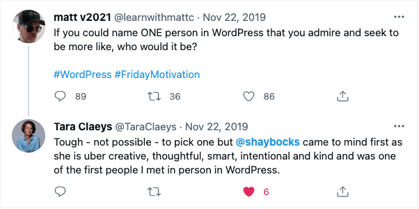 tweet from Tara Claeys - person in WordPress that you admire