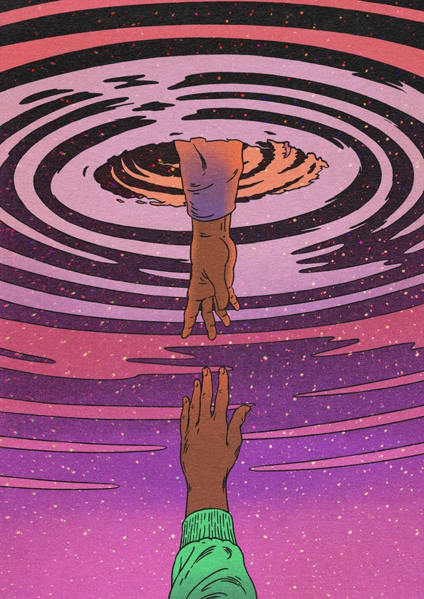 Illustration of two hands reaching out before they touch in retro style. The extraterrestrial hands coming out of a wormhole in a spiral galaxy shaped phenomenon. The illustration is created using special retro textures for best paper feeling in high resolution.