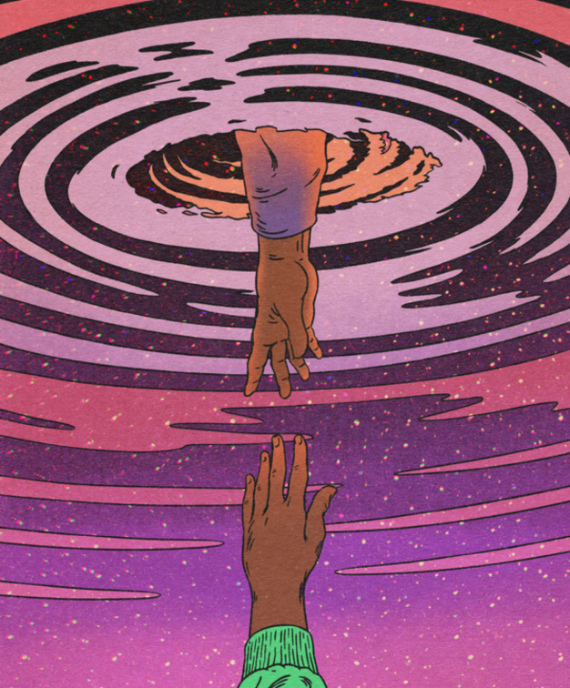 Illustration of two hands reaching out before they touch in retro style. The extraterrestrial hands coming out of a wormhole in a spiral galaxy shaped phenomenon. The illustration is created using special retro textures for best paper feeling in high resolution.